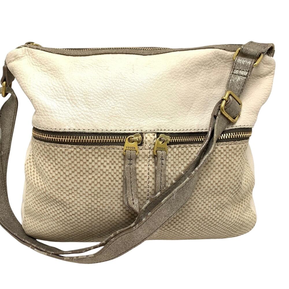 FOSSIL Ivory Cream Genuine Pebble Leather Crossbody Shoulder Bag Metallic Tote